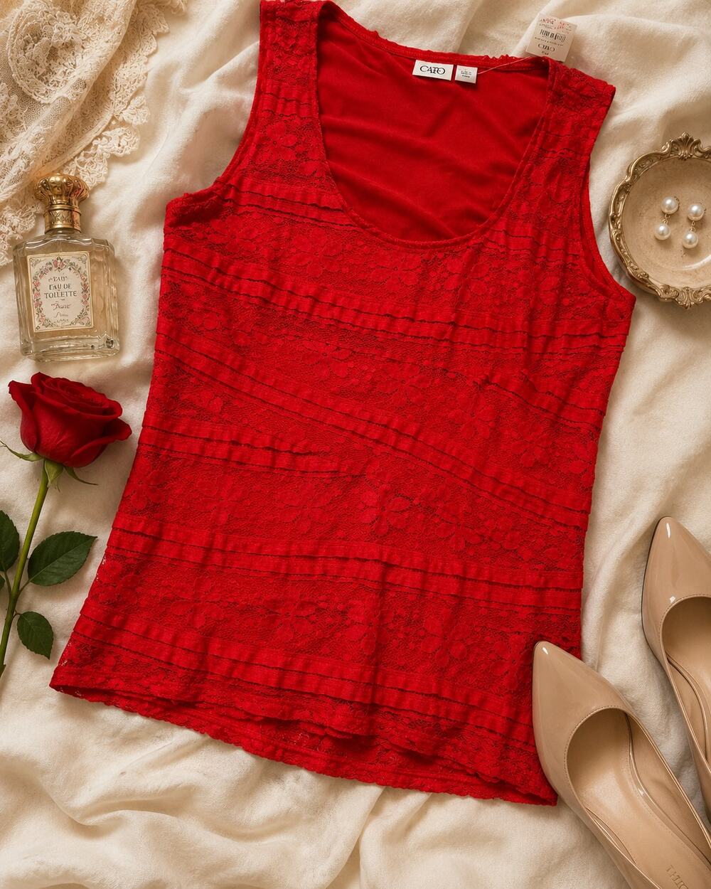 Cato Red Lace Sleeveless Tank Top Women's Medium Lined Floral Stretch